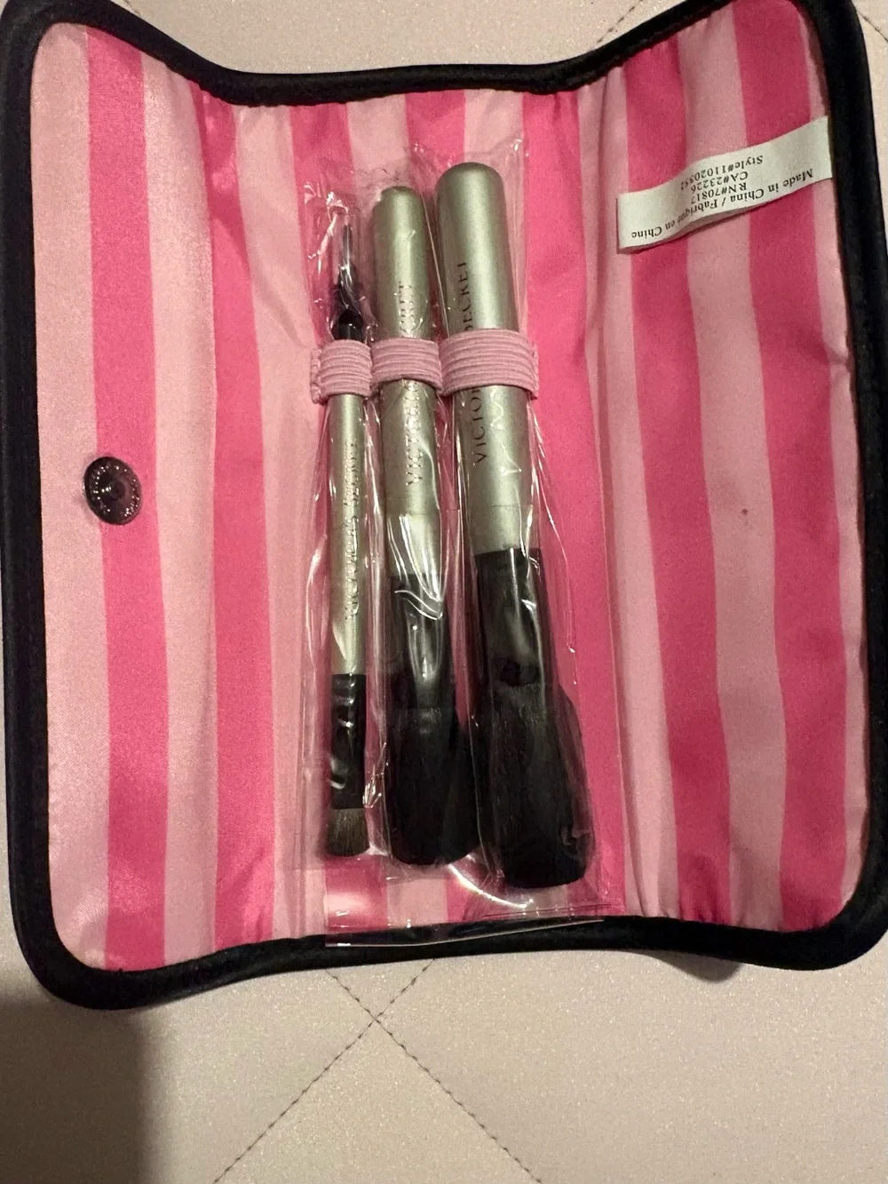 Victoria's Secret Black Cosmetic Pouch with Pink Striped Interior & Brush Trio